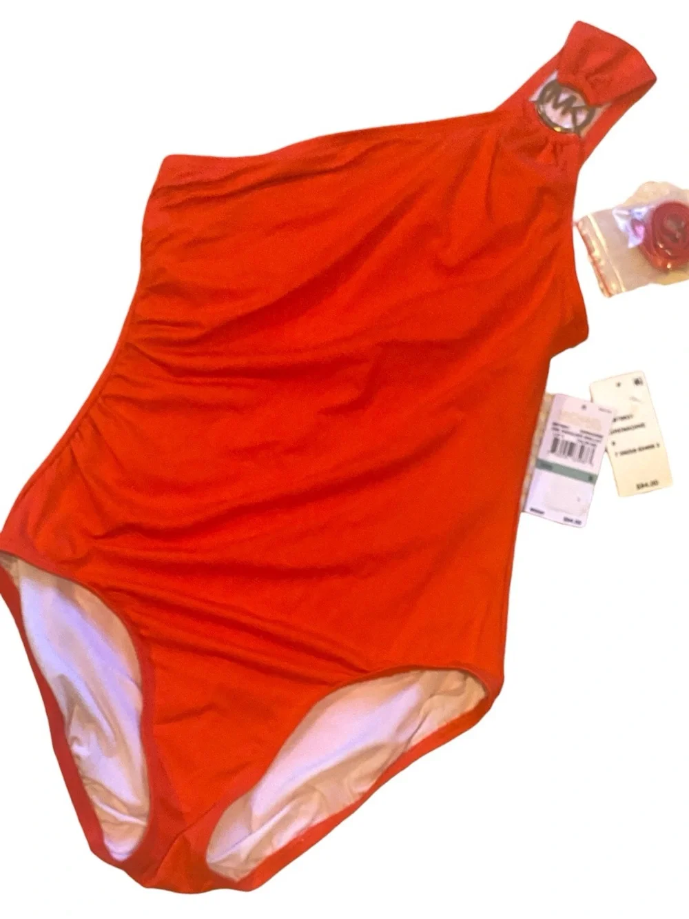 Michael Kors One-Shoulder Orange Swimsuit with Logo Accent